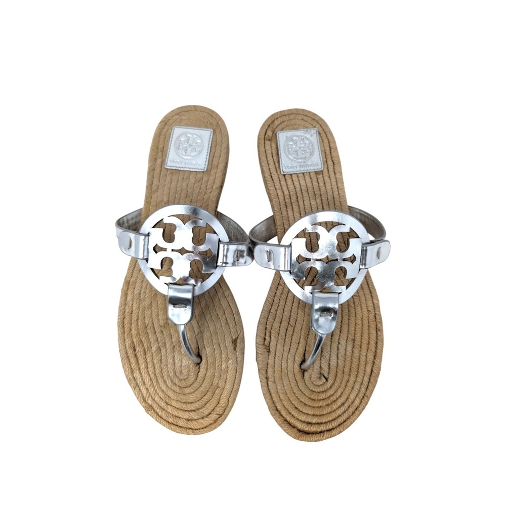 Tory Burch Miller Silver Metallic Espadrille‎ Thong Sandals Size 10
